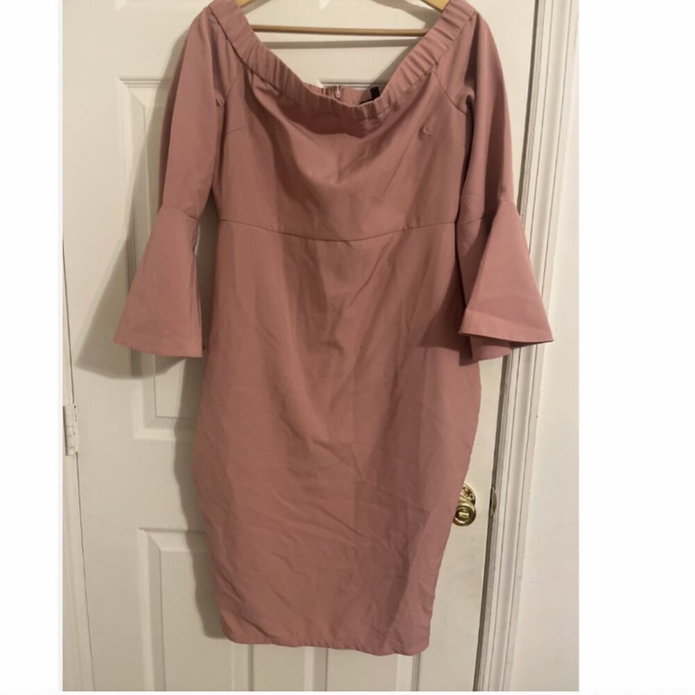 Blush Pink Off-Shoulder Pencil Dress | Size 12 | Bell Sleeve | Elegant Fit